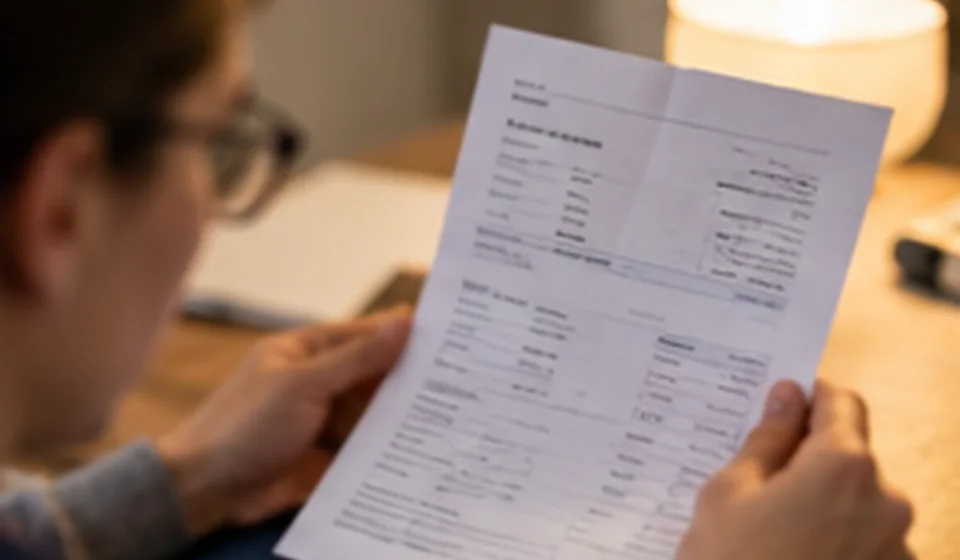 Hand holding an electricity bill next to a smart meter display