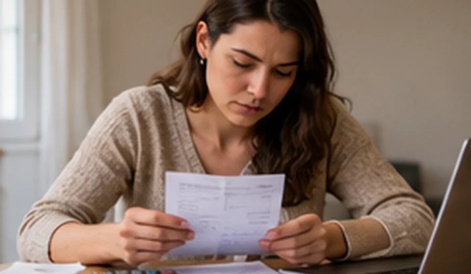 Personne triant des factures sur une table avec une calculatrice