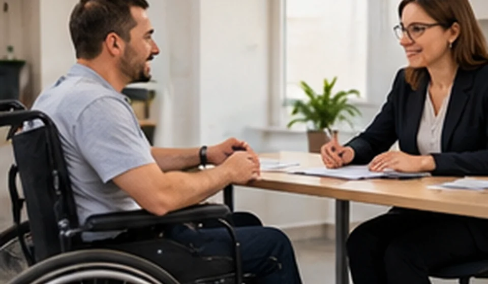 Wheelchair user reviewing paperwork at a desk at home